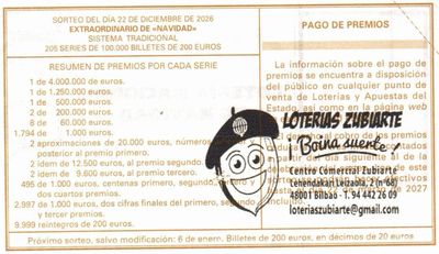 Reverso del d&eacute;cimo 80750 con el sello de la Administraci&oacute;n &laquo;Loter&iacute;as Zubiarte&raquo;, en Bilbao